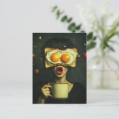 トマトス付き超現実的な朝食飛んでいる女性 ポストカード (スタンド正面)