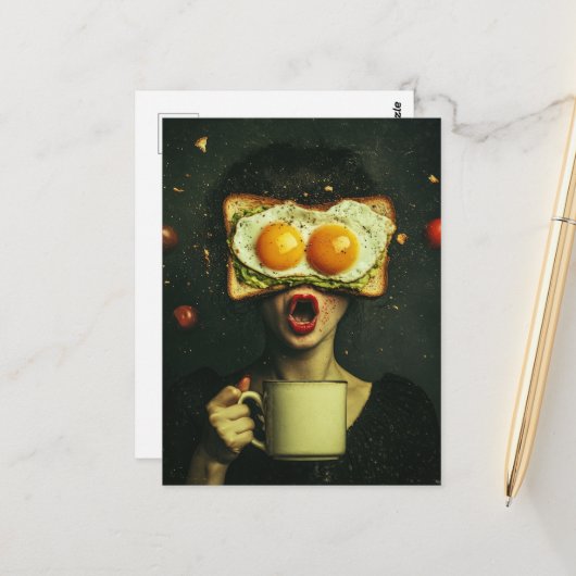 トマトス付き超現実的な朝食飛んでいる女性 ポストカード (正面/裏面インサイチュ)