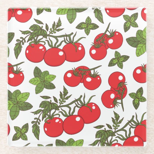 トマトバジルシームレスキッチンパターン ガラスコースター (正面)