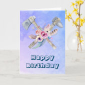 トマホークの羽と花のハッピーバースデー カード (黄色い花)