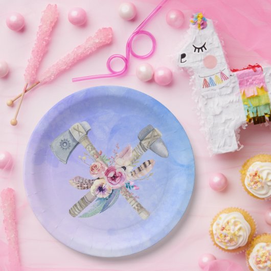 トマホークの羽と花の水彩デザイン ペーパープレート (パーティー)