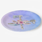 トマホークの羽と花の水彩デザイン ペーパープレート (アングル)