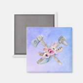 トマホークの羽と花の水彩デザイン マグネット (正面/裏面)