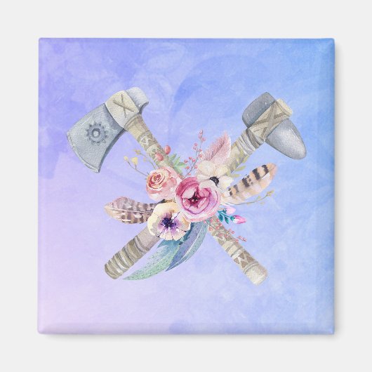 トマホークの羽と花の水彩デザイン マグネット (正面)