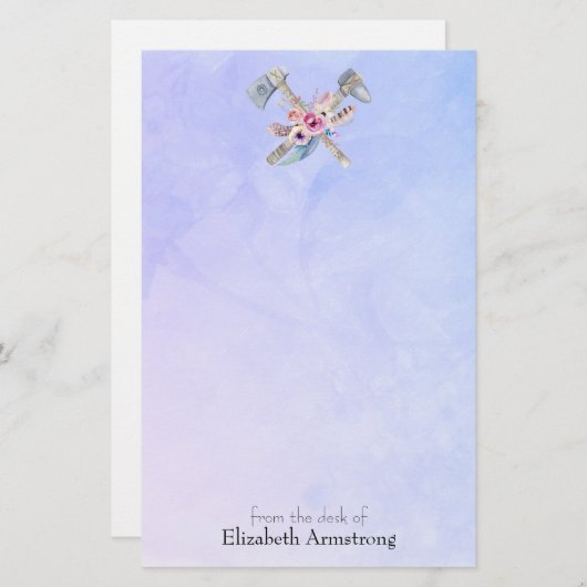 トマホークの羽と花の水彩デザイン 便箋 (正面/裏面)