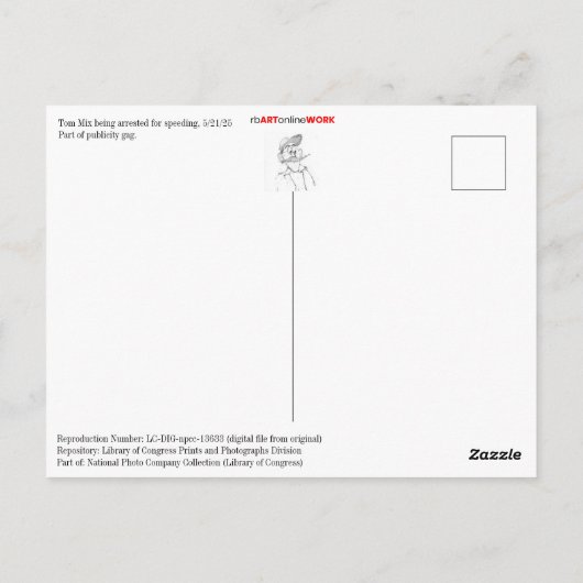 トム・ミックスがスピード違反で逮捕された ポストカード (裏面)