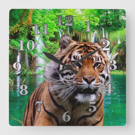 トラおよび滝 スクエア壁時計 (正面)