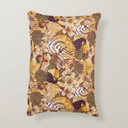 トラが付いている熱帯花パターン アクセントクッション (裏面(縦))