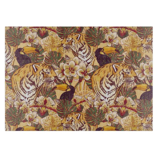 トラが付いている熱帯花パターン カッティングボード (正面)