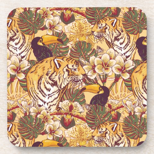 トラが付いている熱帯花パターン コースター (正面)