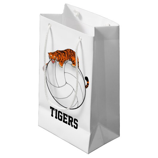 トラのバレーボールのギフトバッグ、学校はマスコットを遊ばします スモールペーパーバッグ (正面アングル)