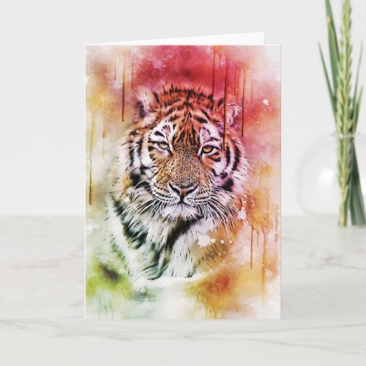 トラのポートレートの顔の水彩画のグラフィックアート カード (正面)