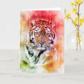 トラのポートレートの顔の水彩画のグラフィックアート カード (黄色い花)