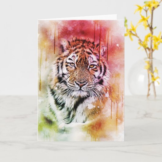トラのポートレートの顔の水彩画のグラフィックアート カード (黄色い花)
