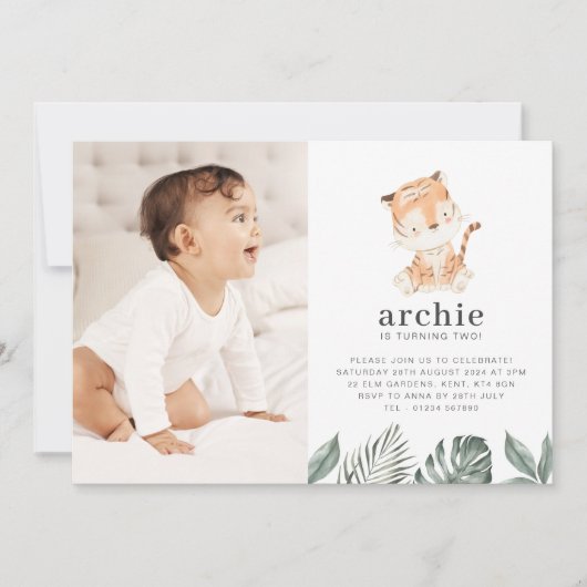 トラの写真の誕生日招待状 招待状 (正面)