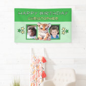 トラの誕生日 名前 2枚の写真 キッズ グリーン パーティー 横断幕 (インサイチュ)