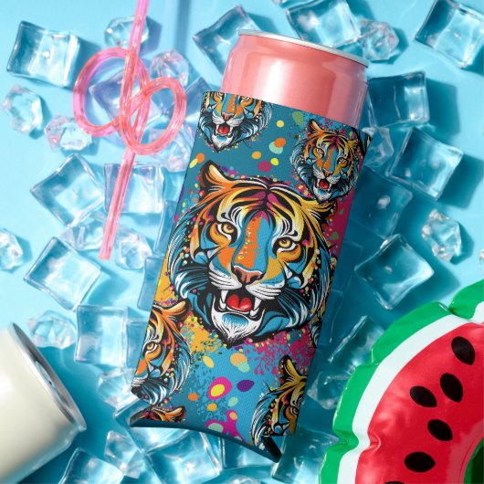 トラの頭部 虹色 ペイント ステイン スリム缶クーラー (インサイチュ 夏)