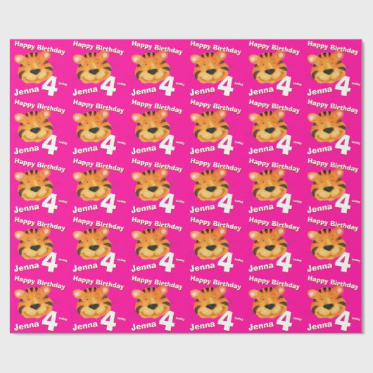 トラの顔の芸術および名前の第4誕生日の覆い ラッピングペーパー (フラット)