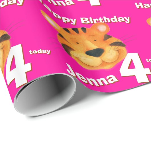 トラの顔の芸術および名前の第4誕生日の覆い ラッピングペーパー (ロールコーナー)