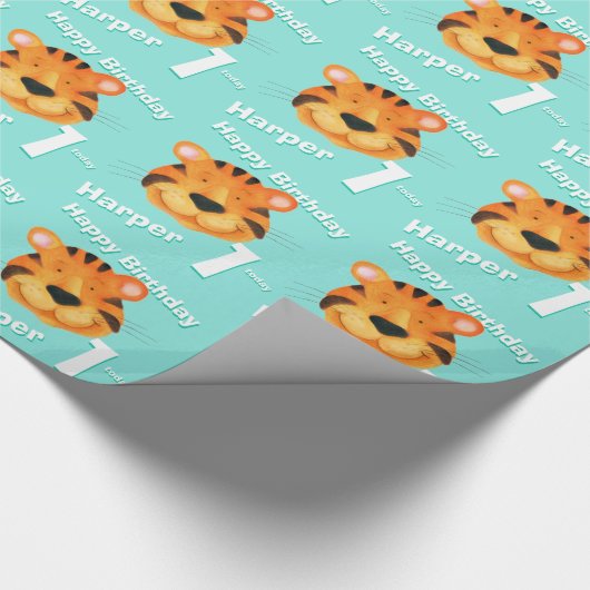 トラの顔の芸術の名前の第1誕生日の覆い ラッピングペーパー (角)