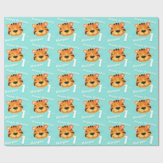 トラの顔の芸術の名前の第1誕生日の覆い ラッピングペーパー (フラット)