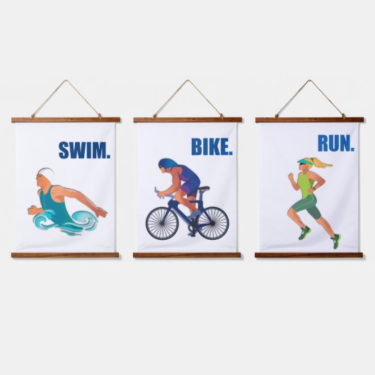 トライアスロンのアート – スイムバイクデコ走アやる気を起こさせるー 吊り下げ型タペストリー (トリプル)