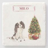 トライカラーキングチャールズスパニエル犬おもしろいクリスマスドッグ ストーンコースター (正面)
