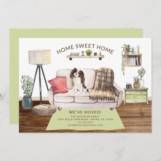 トライカラーキングチャールズスパニエル犬ムービングアナウンスメント 招待状 (正面/裏面)