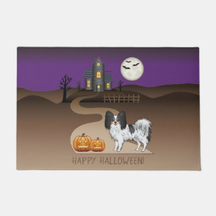 トライカラーパピヨン犬とハロウィンのお化け屋敷 ドアマット