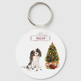 トライカラー キャバリアスパニエル クリスマスの犬の面白いデザイン キーホルダー