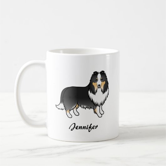 トライカラー・シェルティ・キャラクター犬+名前 コーヒーマグカップ (左)