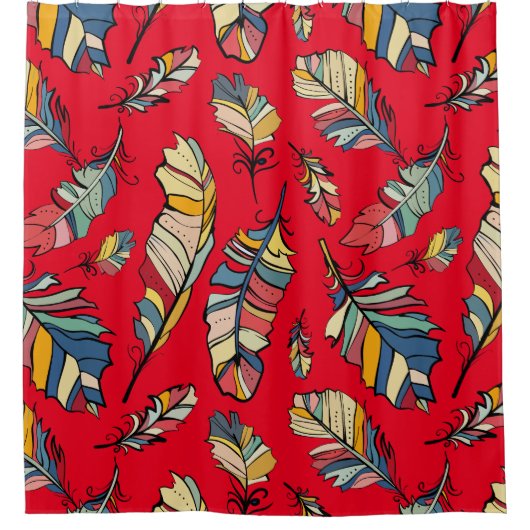 トライバカラフルルの羽の赤い背景 シャワーカーテン (正面)
