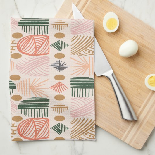 トライバカリブのルの泥布：ボホダークグリーン、ピンク キッチンタオル (四つ折り)