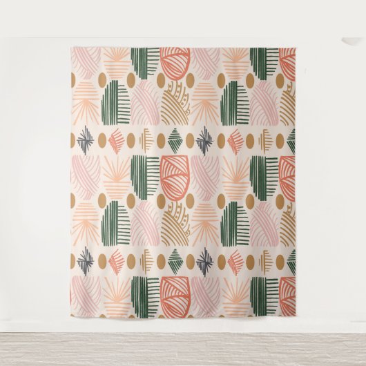 トライバカリブのルの泥布：ボホダークグリーン、ピンク タペストリー (正面)