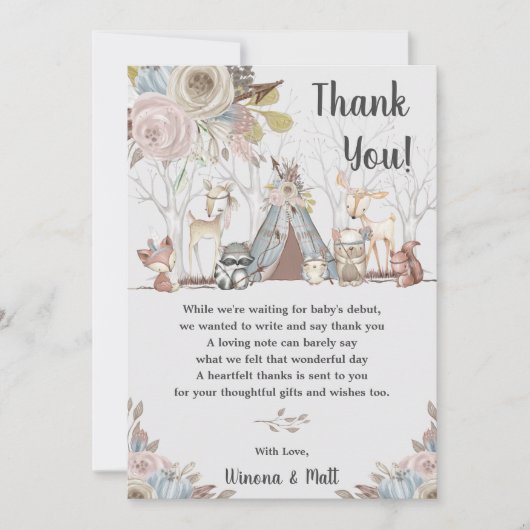 トライバルお洒落ボホ森林動物の赤ちゃんシャワー サンキューカード (正面)