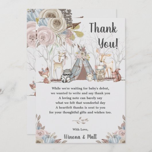 トライバルお洒落ボホ森林動物の赤ちゃんシャワー サンキューカード (正面/裏面)