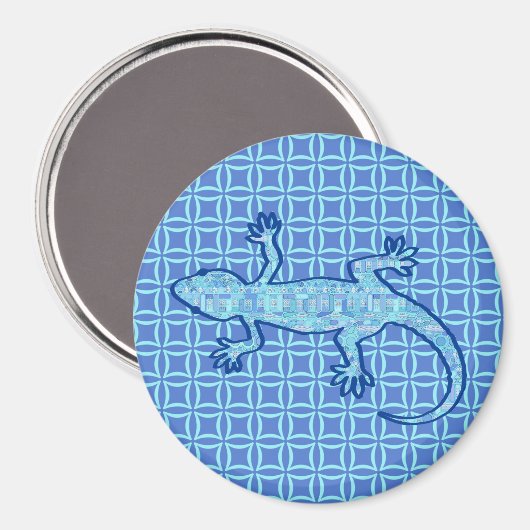 トライバルろうけつ染めゲッコ – ソフトデニムブルー マグネット (正面/裏面)
