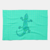 トライバルろうけつ染めゲッコ – ターコイズ/孔雀 キッチンタオル (横)
