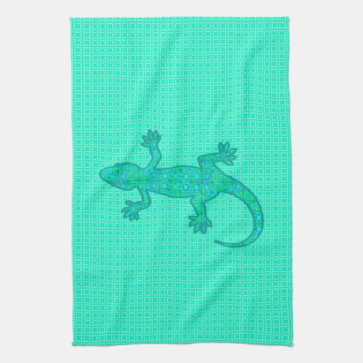 トライバルろうけつ染めゲッコ – ターコイズ/孔雀 キッチンタオル (縦)
