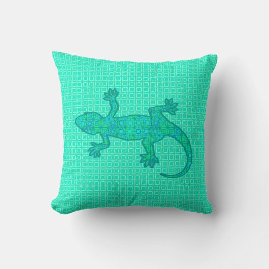 トライバルろうけつ染めゲッコ – ターコイズ/孔雀 クッション (正面)