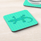 トライバルろうけつ染めゲッコ – ターコイズ/孔雀 コースター (左側)