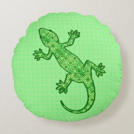 トライバルろうけつ染めゲッコ – ライムとエメラルドグリーン ラウンドクッション