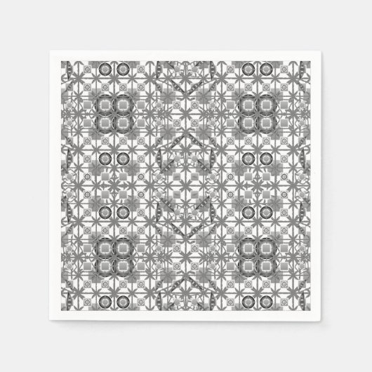 トライバルろうけつ染め – グレー/グレー、黒と白 スタンダードカクテルナプキン (正面)