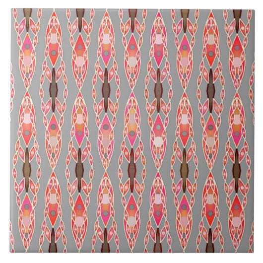 トライバルろうけつ染め – コーラルピンクとシルバーグレー タイル (正面)