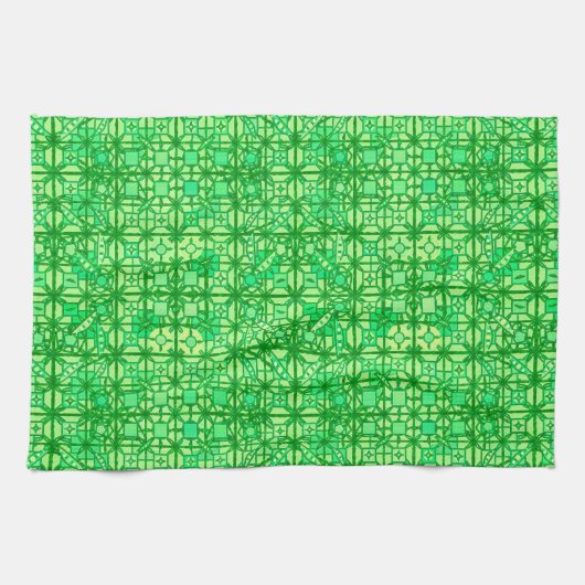 トライバルろうけつ染め – 緑の色合い キッチンタオル (横)