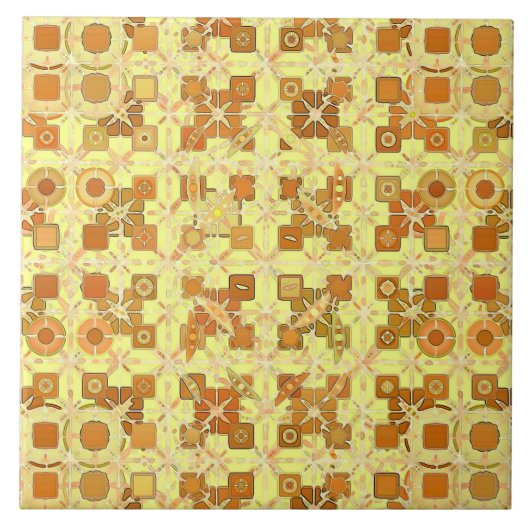 トライバルろうけつ染め – 黄金の黄色、茶色とタン タイル (正面)