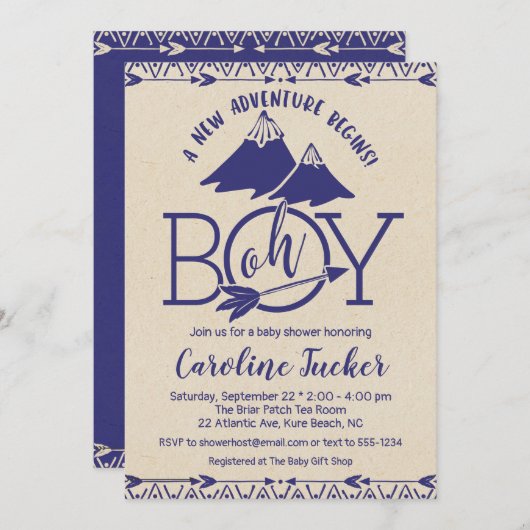 トライバルアドベンチャー男の赤ちゃんシャワー 招待状 (正面/裏面)