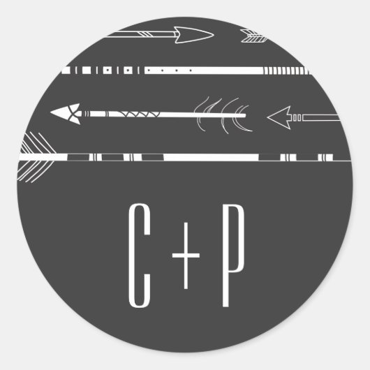 トライバルアローズ結婚のモノグラムのステッカー |グレー ラウンドシール (正面)