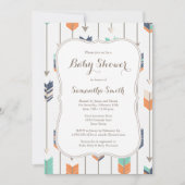 トライバルアローズ赤ちゃんシャワーネイビーオレンジティール（緑がかった色） 招待状 (正面)