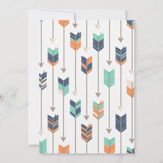 トライバルアローズ赤ちゃんシャワーネイビーオレンジティール（緑がかった色） 招待状 (裏面)